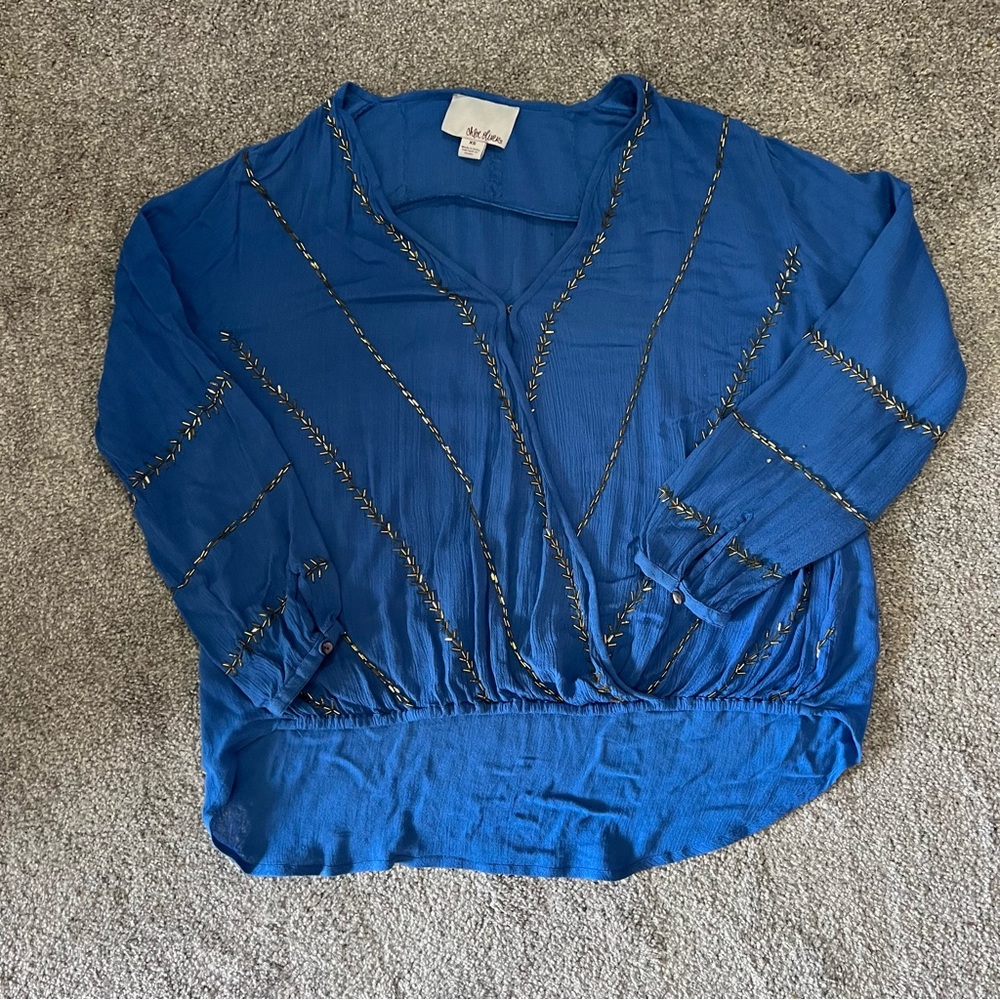 Anthropology chloe‎ oliver blouse womens xs blue beaded v-neck top boho beach